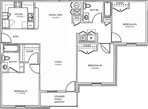 3 Bedroom / 2 Bath - 1,193 Sq. Ft.*